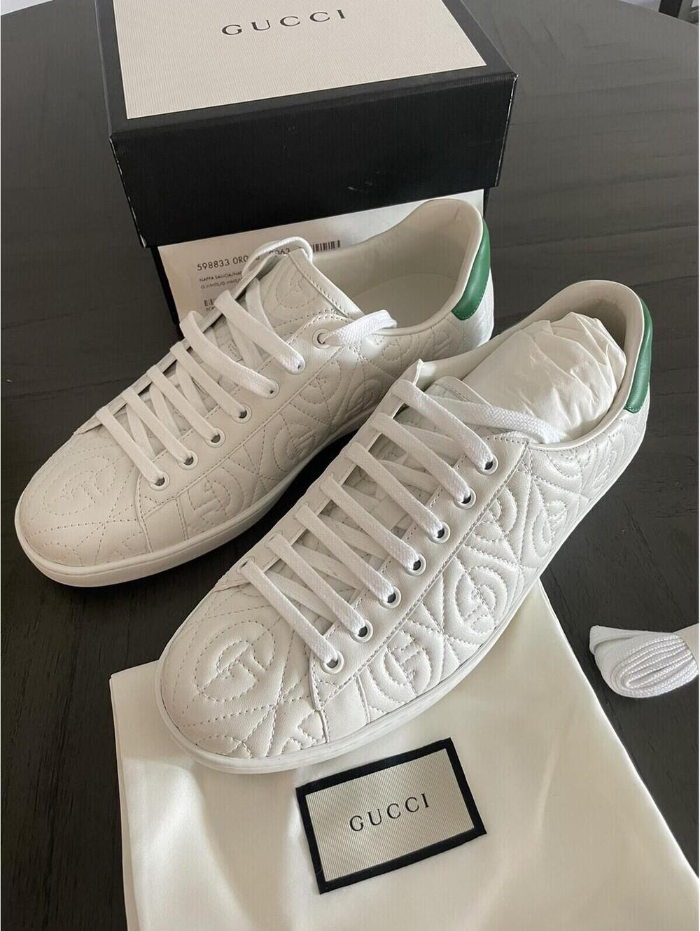 Gucci White Green Quilted Leather Lace Up Low Top Sneakers Mens Sz G8 US Sz 8.5 - Picture 3 of 9